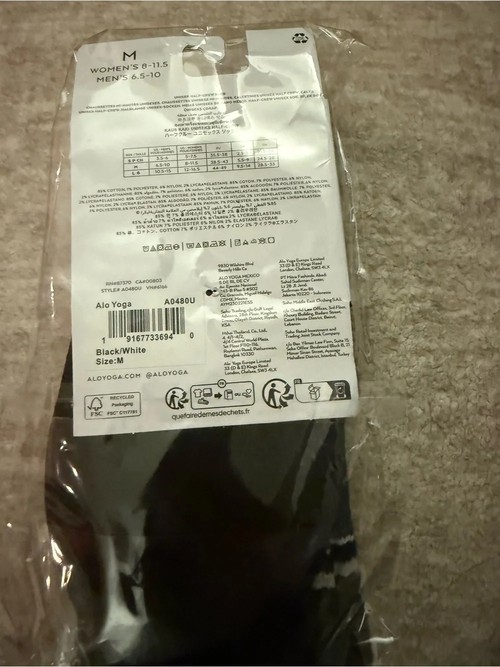New Alo Unisex Half-Crew Sock Black Medium